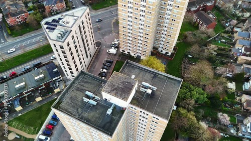 An aerial top view of high rise apartment blocks for social housing in London, Britain.