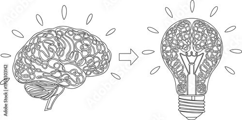 Outline of Brain Transforming into a Lightbulb with Rays mind idea