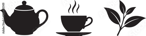 Set of simple vector icons for tea: teapot, steaming cup, and tea leaves