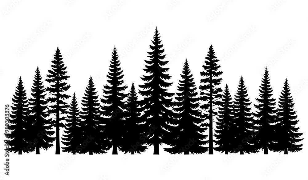 Obraz premium Tall Pine Tree Silhouettes Conifer Forest Line Vector Illustration