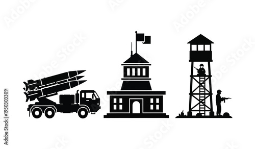 Black silhouette icons representing military missile truck base building and guard tower with soldier