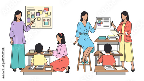 Education Collaboration and Learning: A collaborative education scene with focused teachers imparting knowledge and facilitating learning in a vibrant and engaging environment.