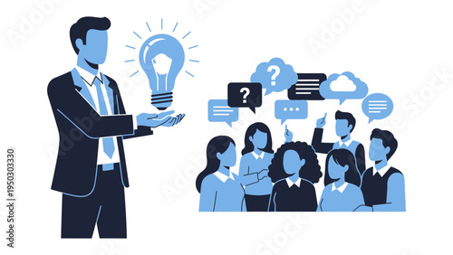 Illuminating Ideas: An innovative leader presents a glowing light bulb, sparking creativity and dialogue within a dynamic group, representing fresh ideas and collaborative problem-solving.