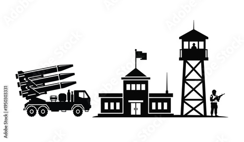 A black silhouette illustration showing a military truck with missiles parked near a guard tower