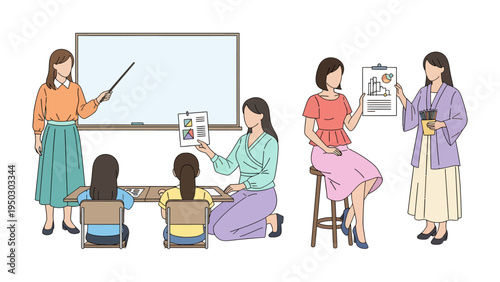 Classroom Interaction: Illustration of various educators guiding and presenting materials, fostering a dynamic learning environment. 