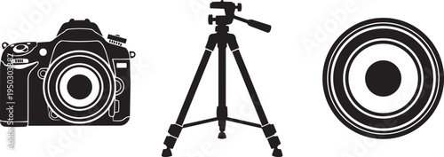 Set of graphic icons representing a camera, tripod, and lens viewed from the side