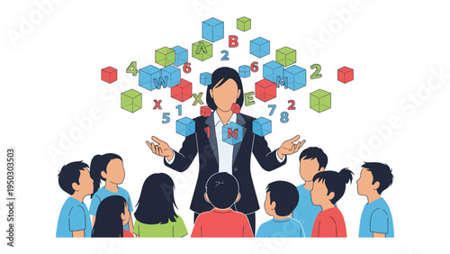 Inspiring Minds: A dedicated instructor guides a group of attentive children through the intricate world of numbers and shapes, fostering a sense of curiosity and understanding.