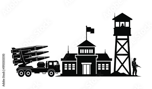Black silhouette illustration of a military base featuring a missile truck and a guard tower unit