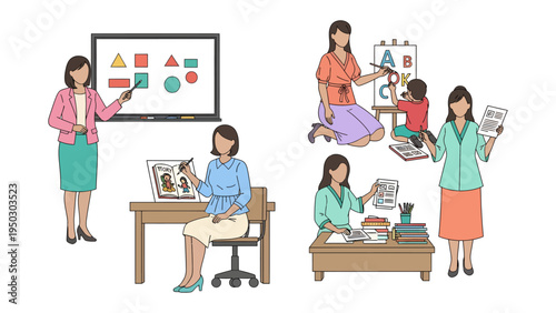 Learning & Education Set: A compilation of images that feature dedicated educators in a school setting, each one engaged in a variety of educational activities.