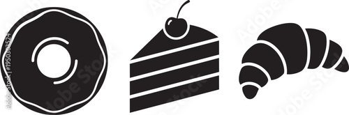 Simple line art illustration of a doughnut, cake slice, and croissant on a dark