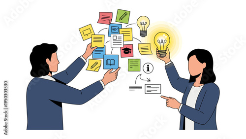 Brainstorming Session: Colleagues collaborating and organizing innovative ideas, fostering a dynamic environment.