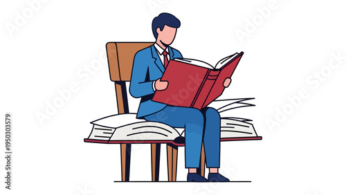 Knowledge Seeker: A person immersed in the world of books, absorbed in reading on a wooden chair, with opened book on top of book