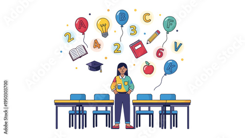 Education and Dreams: An educator stands at the forefront, overseeing a classroom where floating icons of knowledge and aspiration converge, illustrating the essence of learning and dreams.
