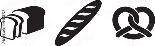 Vector illustration of sliced loaf, baguette, and pretzel with clean line art style.