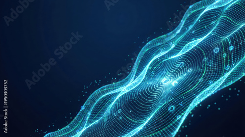 Abstract digital data wave representing global network connection and cyber security technology concept.