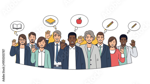 Educational Endeavor: A graphic illustration showcasing a diverse group of educators, each projecting thought bubbles containing educational icons, symbolizing learning and knowledge.