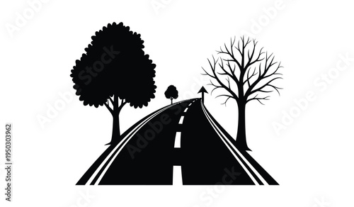 A winding asphalt road leading forward flanked by a lush green tree and a bare winter tree silhouette