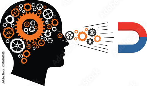 Human Head Silhouette Filled with Gears Attracted to a Horseshoe Magnet cogs