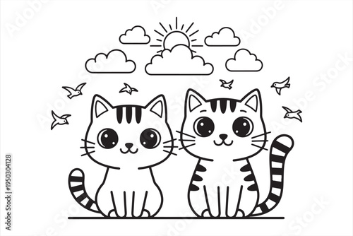 Two cute cartoon cats sitting under a sunny sky with clouds and butterflies