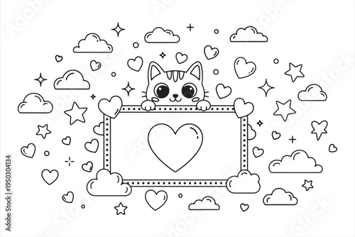 Whimsical cat illustration with hearts stars and clouds