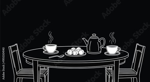 Minimalist line art illustration featuring a cozy tea or coffee table setup, complete with steaming beverages, a teapot, and small snacks.