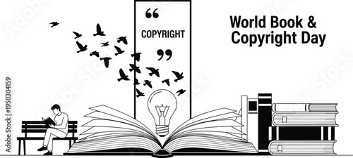 World Book and Copyright Day Illustration with Reading Man and Open Book vector