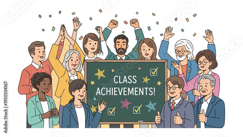 Celebration of Class Achievements: An enthusiastic group, students and teachers, celebrate their classroom accomplishments with a festive chalkboard sign and confetti.
