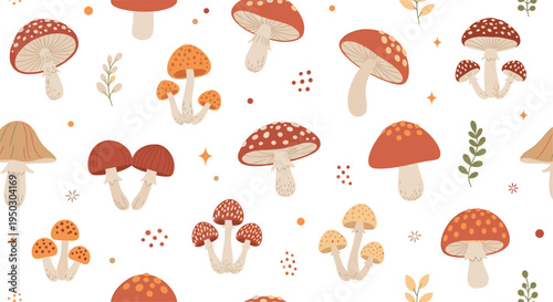 Seamless pattern with various cute mushrooms and forest fungi, autumn botanical background with hand drawn mushrooms isolated on white
