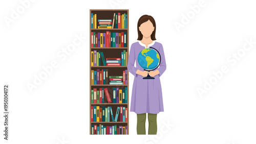 Educator with Knowledge: A person, likely an educator, stands confidently, holding a globe, with a towering bookshelf filled with literature. The image conveys the wisdom.