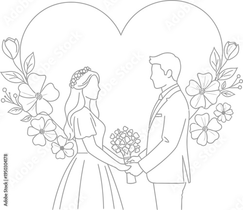 Simple line art drawing depicts a newly married couple holding hands beneath a large heart shape adorned with blossoms.