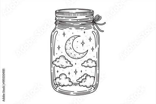 Whimsical moonlit night sky in a glass jar illustration