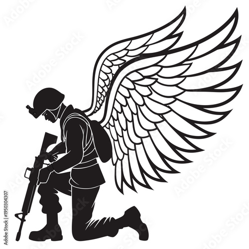 Soldier kneeling with angel wings behind in silhouette