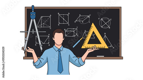 Geometry Teacher with Tools and Diagrams: A geometry teacher stands before a blackboard, arms outstretched, showcasing tools and geometric diagrams.