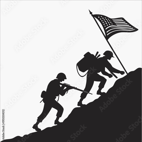 Soldiers climbing steep terrain while holding an american flag