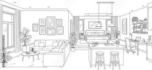 Detailed line art illustration of a contemporary open-plan home featuring a living room, bedroom, and kitchen with an office nook.