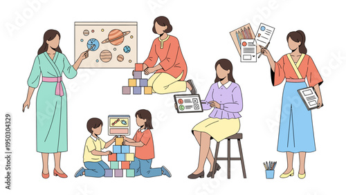 Nurturing Minds: A collection of educators engaging with children through learning, exploration, and building. The scene radiates warmth and depicts the bond and creativity.