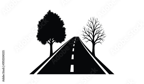A straight asphalt road flanked by a lush green tree and a bare leafless tree in a simple graphic