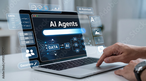 Professional using a laptop with an artificial intelligence agent interface for business automation and data analysis.
