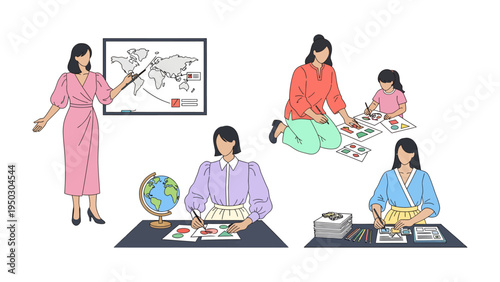 Global Education Harmony: This illustration captures a series of everyday scenes of woman in various educational activities, painting on the floor, pointing on world map and making notes.