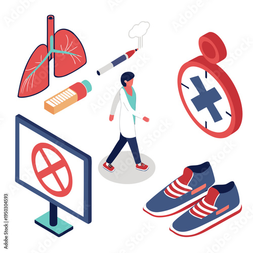 Healthy lifestyle icons featuring lungs, exercise, and medical care