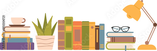 Horizontal composition of books houseplant coffee cup and desk lamp