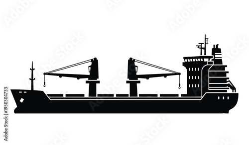 Black silhouette of a heavy duty cargo ship equipped with cranes for lifting industrial freight