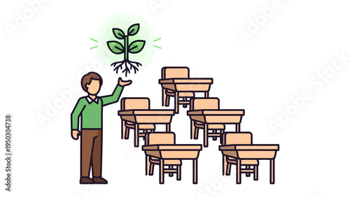 Educational Growth Concept: An illustration portraying a nurturing concept of growth within an educational setting, where a teacher gestures towards a sprouting plant above desks