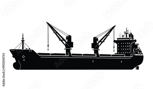 A detailed side profile silhouette of a heavy duty cargo ship equipped with two large deck cranes