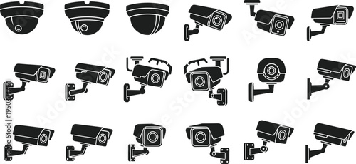 Collection of various black silhouette icons of security cameras surveillance camera cctv