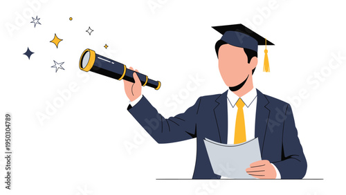 Visionary Student: A graduate peers through a telescope, symbolizing future aspirations and academic foresight. Holding a paper in anticipation of dreams.