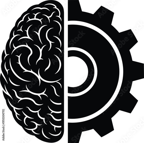 Split Image of Human Brain and Mechanical Gear Cogwheel Black Silhouette Keywords: brain, gear, cogwheel, mechanical, human