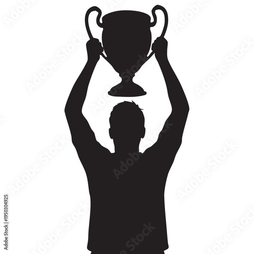 Football player raising championship trophy silhouette vector illustration