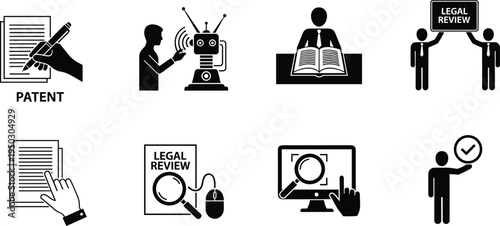 Collection of Eight Black and White Icons Related to Law and Ideas patent legal review