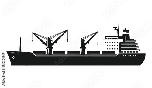 Black silhouette of a large cargo ship equipped with deck cranes for loading and unloading goods